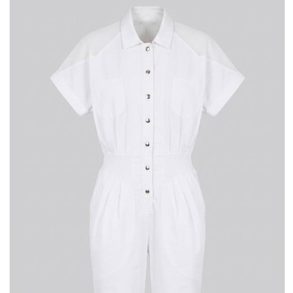 Vintage Original Venezia Jumpsuit Women Medium White Snap Front Buttons Elastic